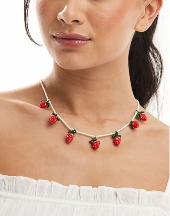 pearl beaded strawberry charm necklace in red