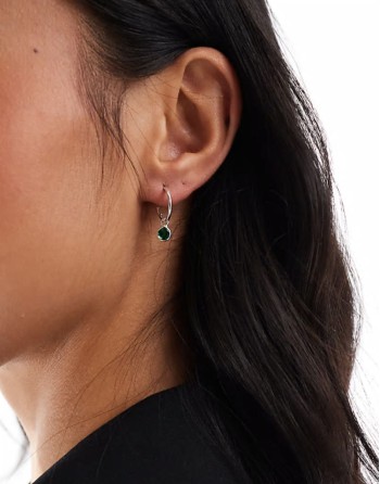 green crystal charm hoop earrings in sterling silver