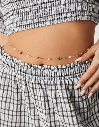 belly chain with bead and faux pearl detail in gold tone