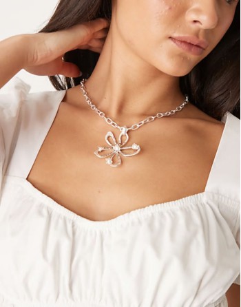 molten flower and stone pendant necklace in silver