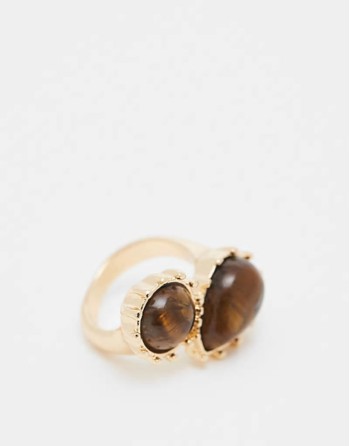 wraparound stone set ring with real tigers eye in gold tone